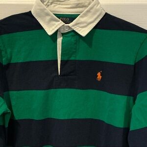Polo by Ralph Lauren Green & Navy Striped Rugby Polo with White Collar